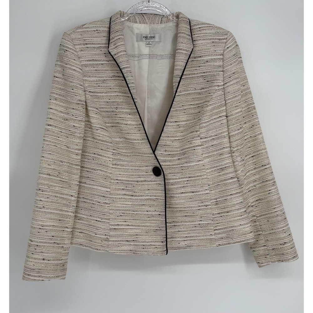 Jones Studio Separates Women Cream Textured Single Button Blazer Piping Sz 12
